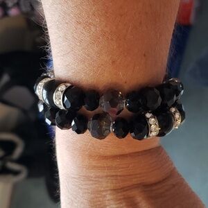 NIP WHBM Set of 2 Black Stone Strechy Bracelets with Sparkly Rhinestones